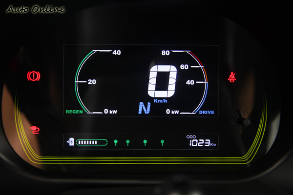 電池充電狀況、速度以及電量全由駕駛者前方的儀表板監控,並無引擎轉速表,取而代之的是馬達輸出功率。