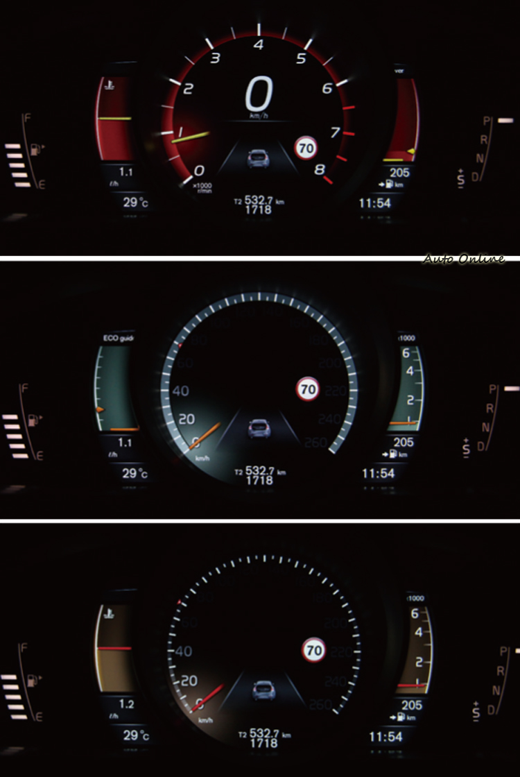 車輛可提供Performance、Eco以及Elegance三種模式的圖形顯影。