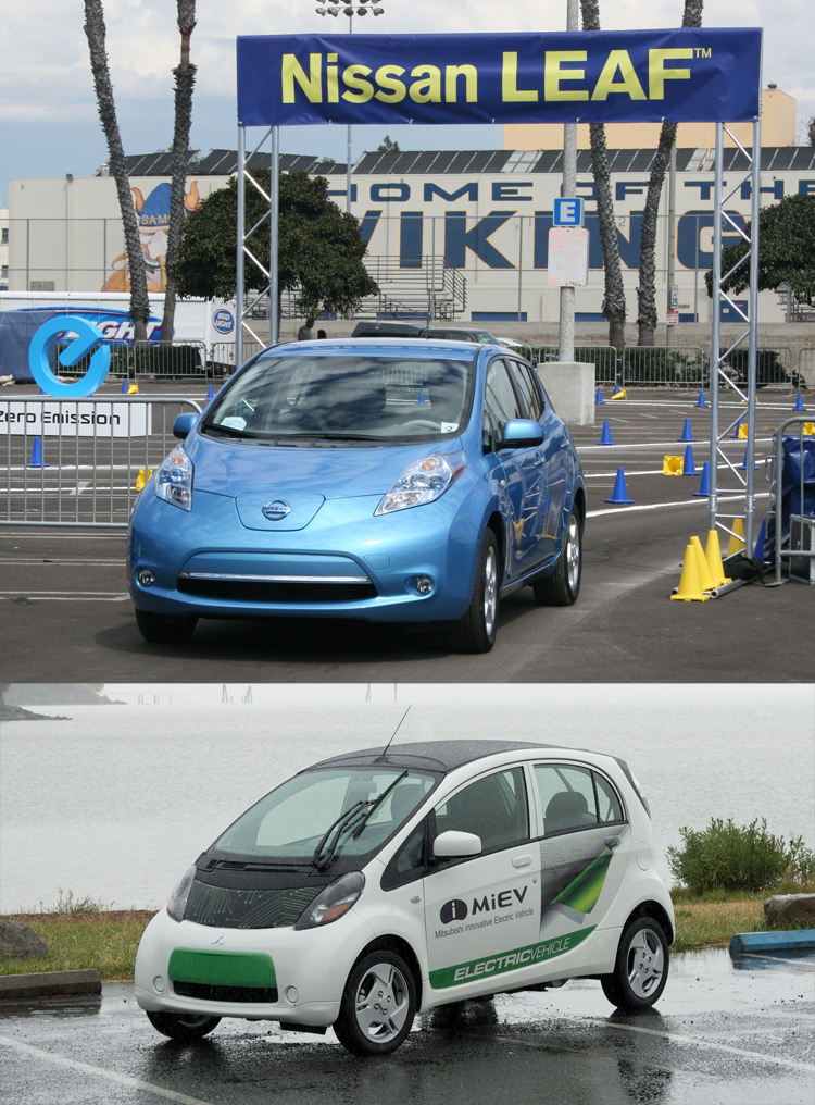 日本做為電動車最大市場，光國內需求便以媲美北美洲市場。圖為MITSUBISHI i-MiEV以及NISSAN Leaf。