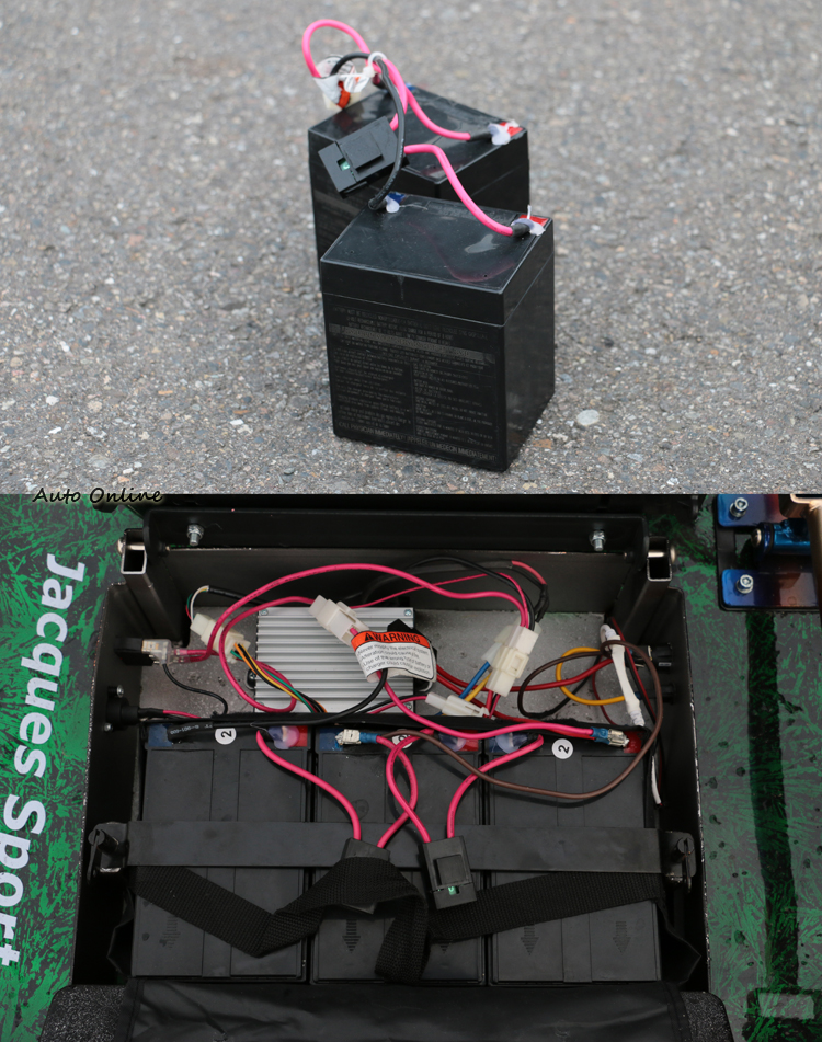 Crazy Cart 使用12V電池組成電池組，一般版為24V，XL版為36V。