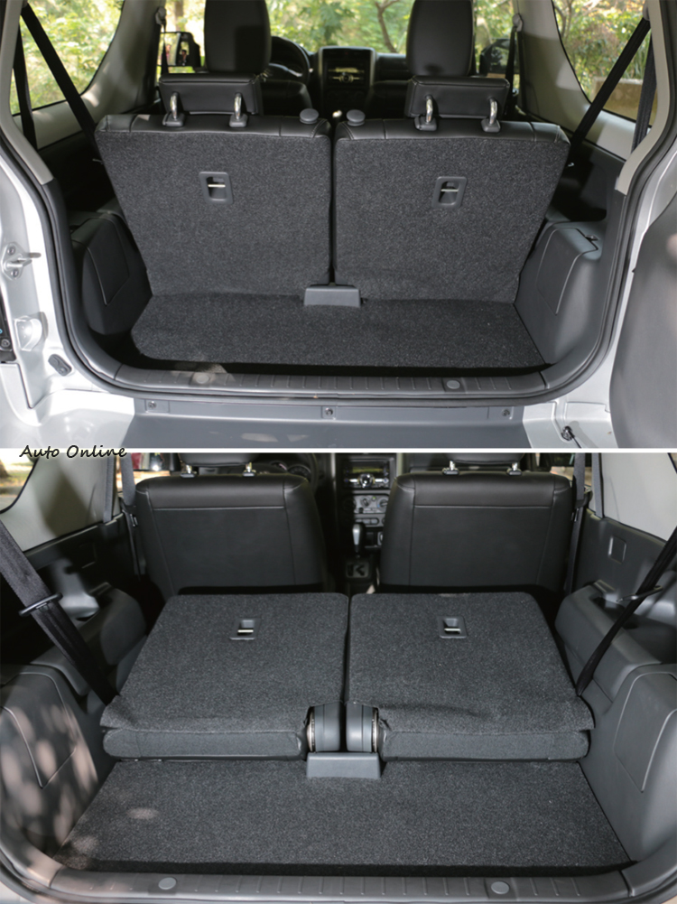 短軸設計的Jimny行李廂空間並不大,但可以放倒後排椅背增加容積。