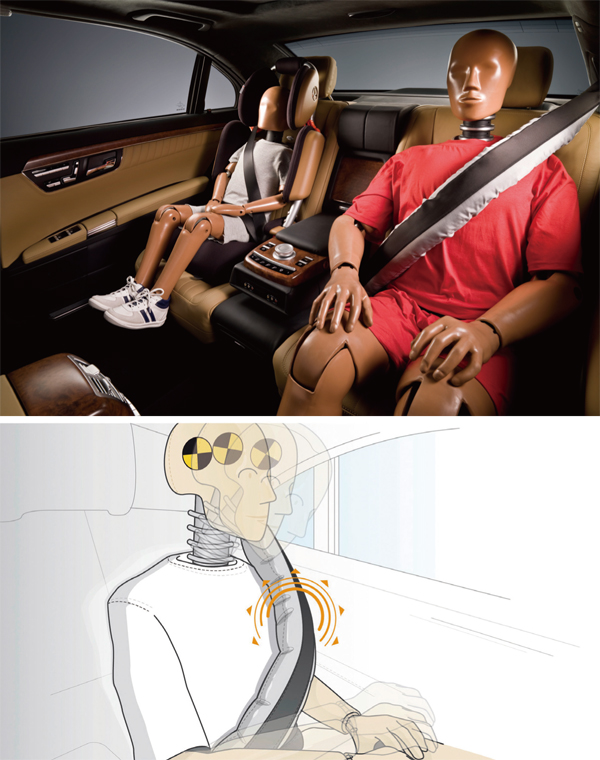 後座安全帶氣囊有助緩和緊急煞車與撞擊時身體前衝的力道,防止上半身出現「甩鞭運動」。