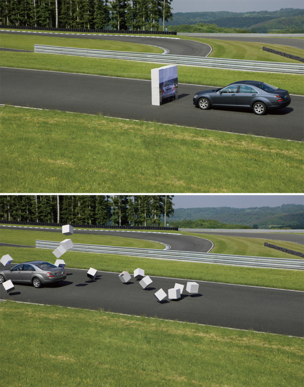 配備PRE-SAFE Brake系統(上)與未配備(下)在遇到相同前方障礙條件下的對比,結果真是一目了然。