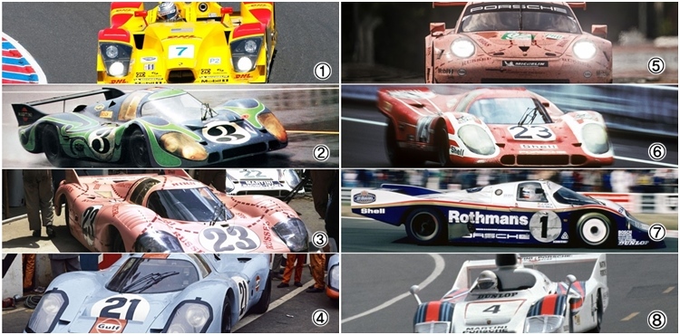 (1)American Le Mans Series 2006: DHL Porsche RS Spyder ,(2)Le Mans 1970:“Hippie” Porsche 917 LH ,(3)Le Mans 1971: “Pink Pig” Porsche 917/20 ,(4)Le Mans 1970: Gulf Porsche 917 KH ,(5)Le Mans 2018: “Pink Pig” Porsche 911 RSR ,(6)Le Mans 1970: Salzburg Porsche 917 KH ,(7)Le Mans 1983: Rothmans Porsche 956 ,(8)Le Mans 1977: Martini Porsche 936/77
